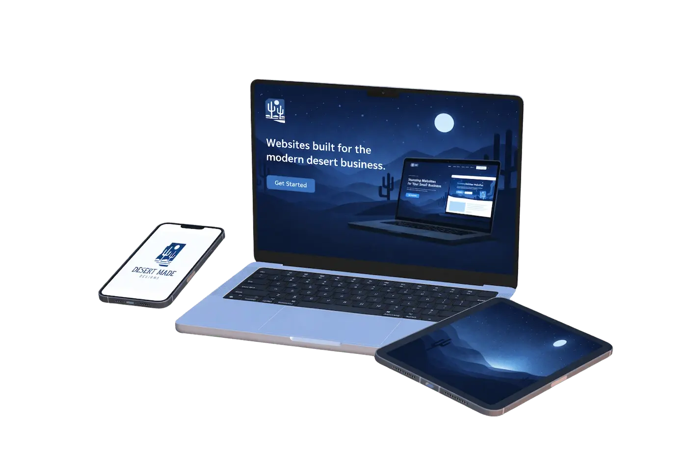 Desert Made Designs website shown on laptop, phone, and tablet