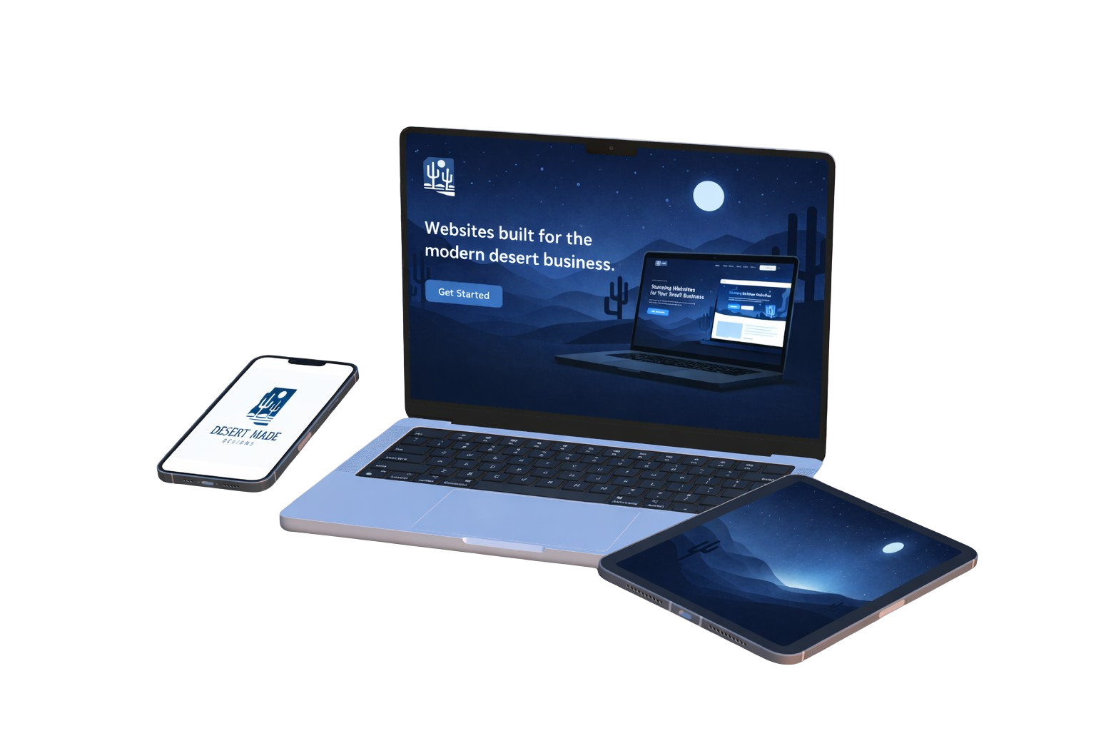 Desert Made Designs website shown on laptop, phone, and tablet